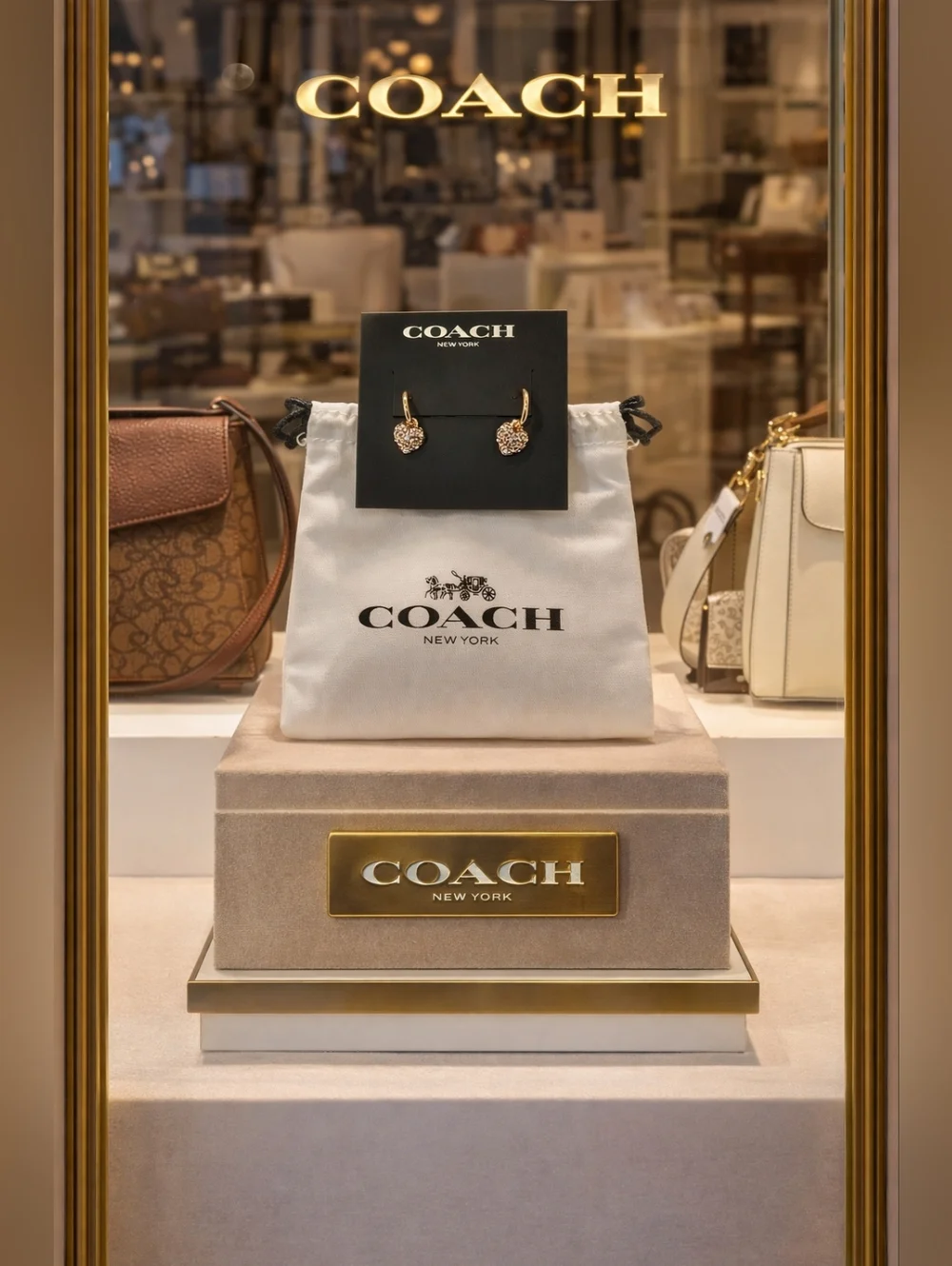 COACH Gold Tone Drop Heart Earrings & Dustbag - Picture 1 of 4